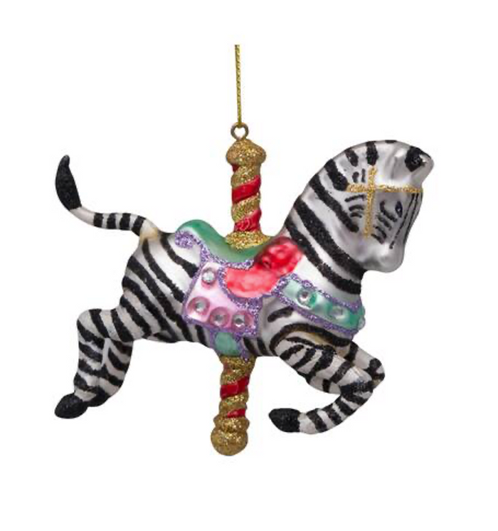 Glazen kerst decoratie zwart/witte muziek carrousel zebra